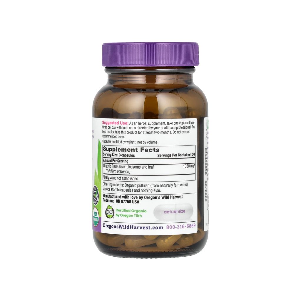 Oregon's Wild Harvest Red Clover supplement facts panel listing ingredients, dosage, and serving size