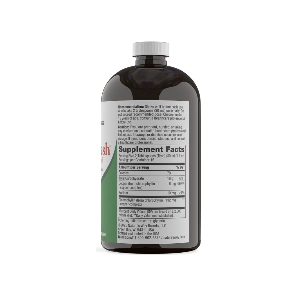 Nature's Way Chlorofresh Liquid Unflavored supplement facts panel with ingredients and serving size