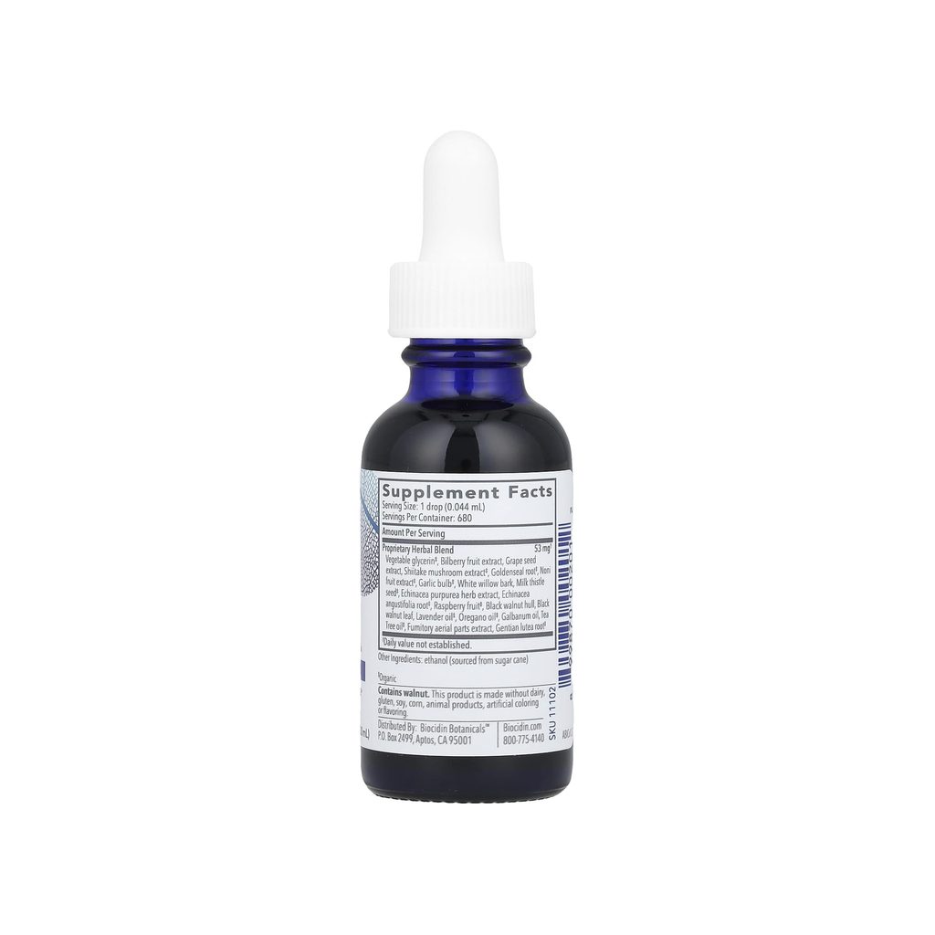 Bio-Botanical Research Biocidin Broad Spectrum Liquid Formula supplement facts panel with dosage and ingredients