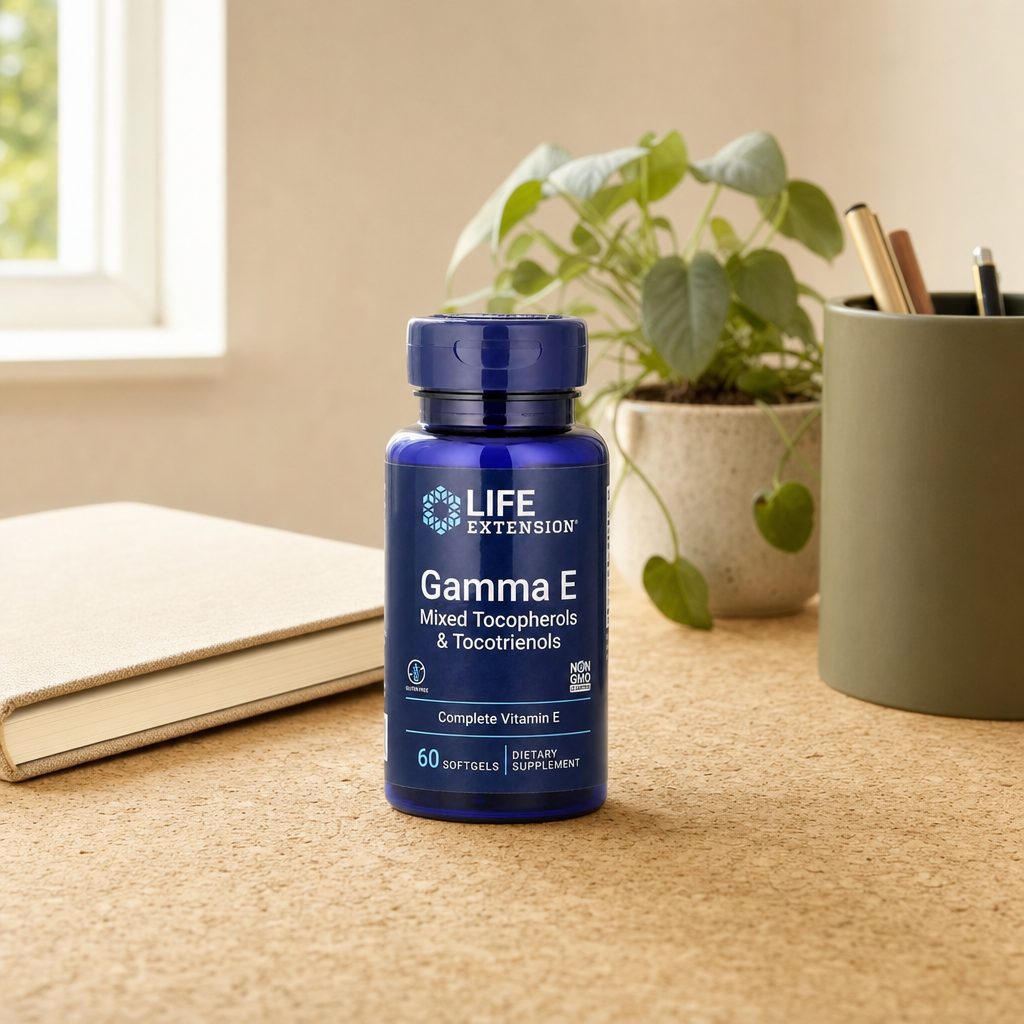 Life Extension Gamma E Mixed Tocopherols & Tocotrienols bottle with softgels on counter