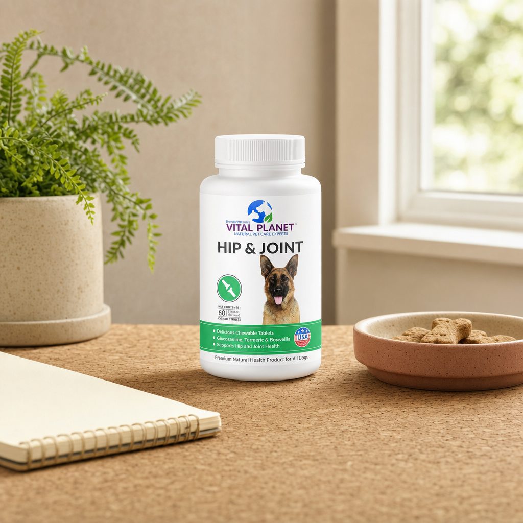 Vital Planet Hip & Joint Chewable Tablets bottle with canine joint support callouts