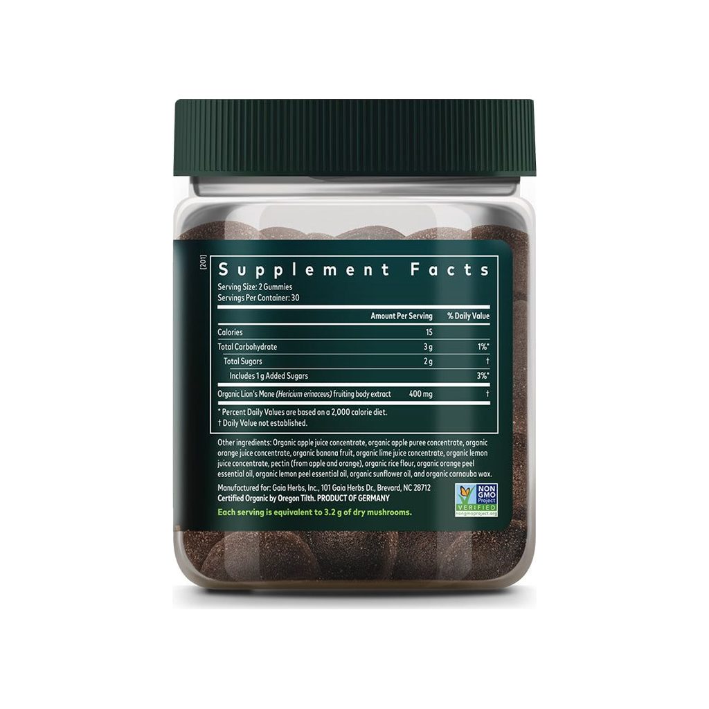 Gaia Herbs Lion's Mane Mushroom Gummies supplement facts panel listing ingredients, dosage, and serving size