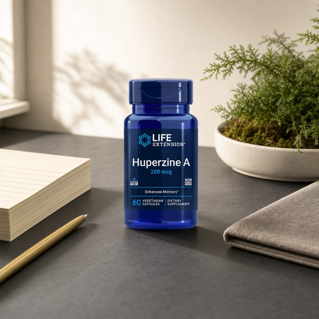 Life Extension Huperzine A 200 mcg bottle displayed with capsules on a clean counter