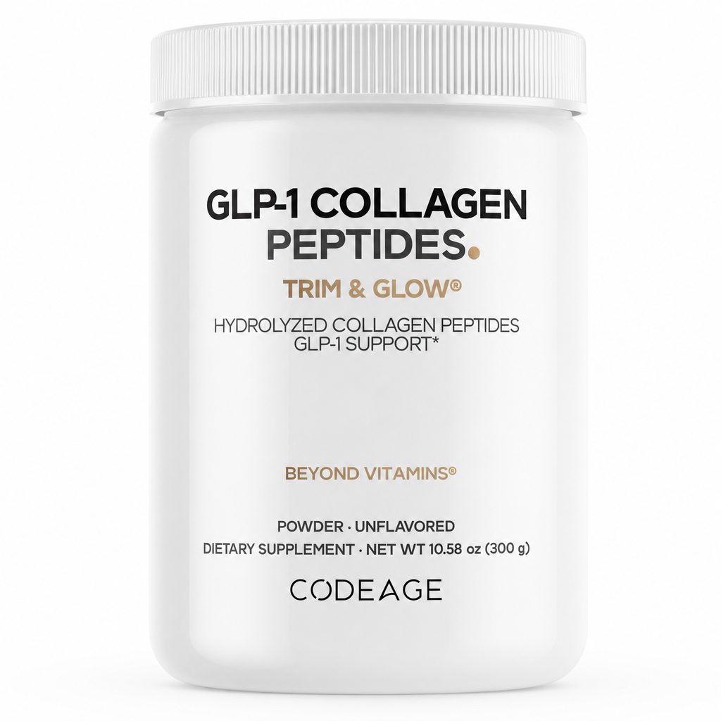 Codeage GLP-1 Collagen Peptides Powder front tub showing unflavored 10.58 oz label