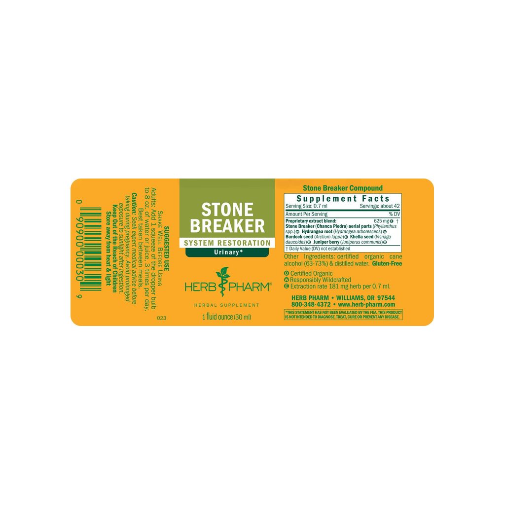 Herb Pharm Stone Breaker supplement facts panel listing ingredients, dosage, and serving size