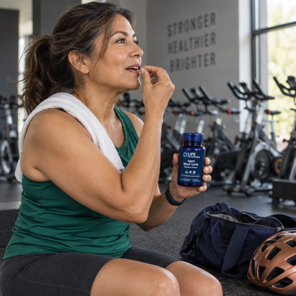 Life Extension Aged Black Garlic bottle held by a woman with a towel on her shoulders in a gym
