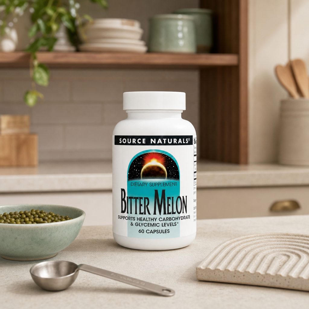 Source Naturals Bitter Melon 500mg bottle side panel with suggested use and warnings