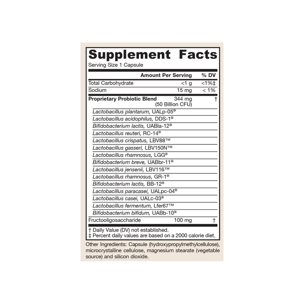 Jarrow Formulas Fem-Dophilus Ultra 50 Billion CFU supplement facts panel with strains