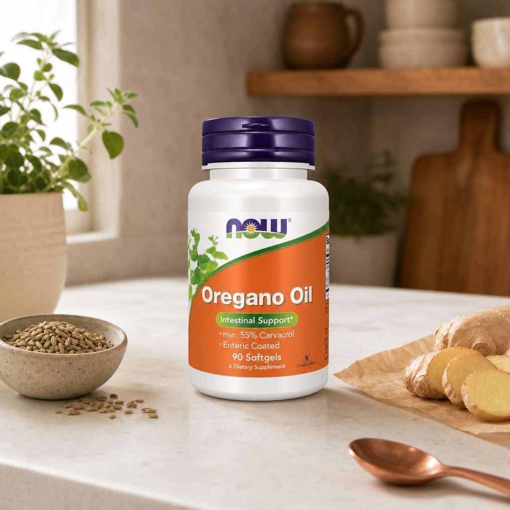 NOW Foods Oregano Oil Softgels bottle with oregano-themed herbal supplement styling