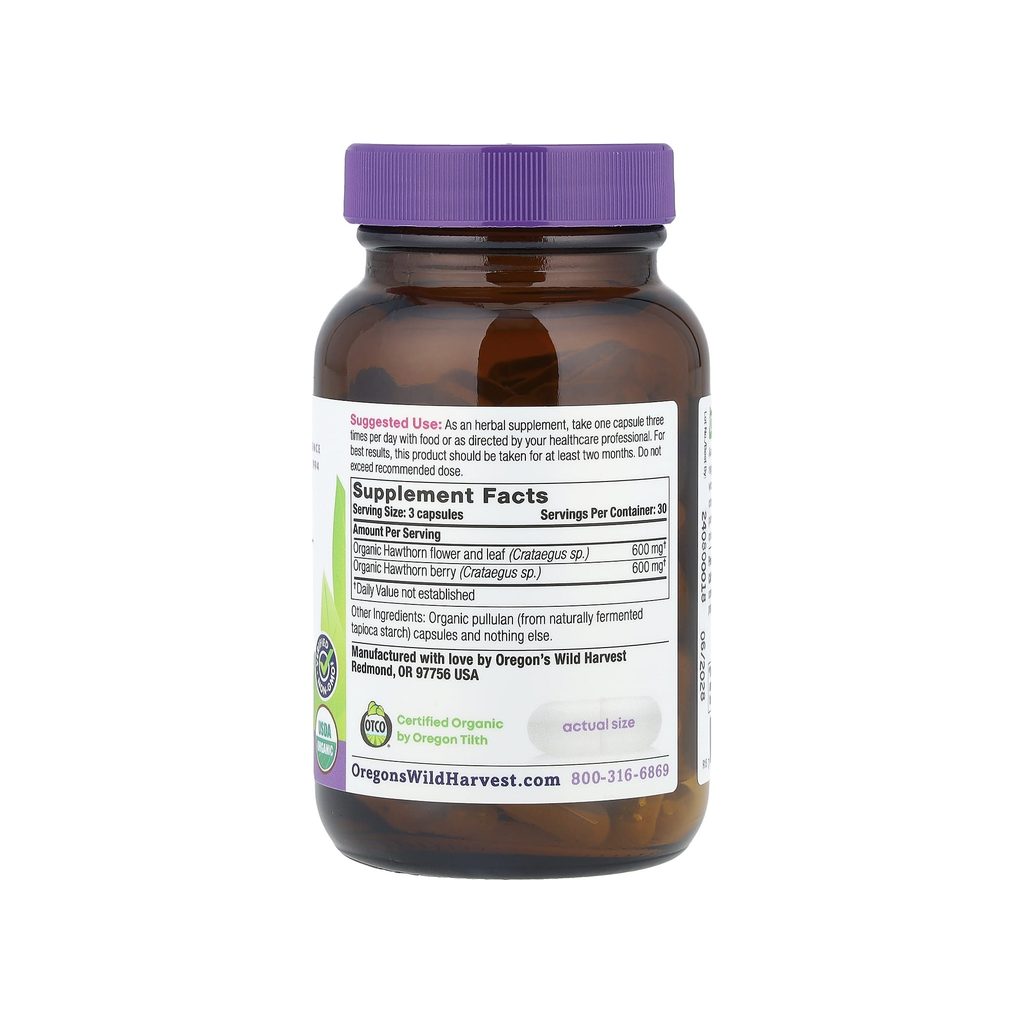 Oregon's Wild Harvest Hawthorn Capsules supplement facts panel listing ingredients and serving size