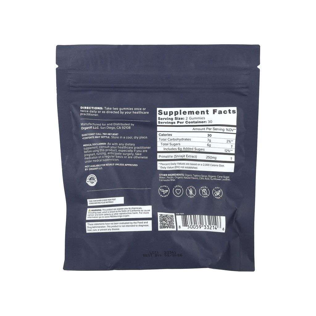 Organifi Shilajit Gummies supplement facts panel listing ingredients, dosage, and serving size