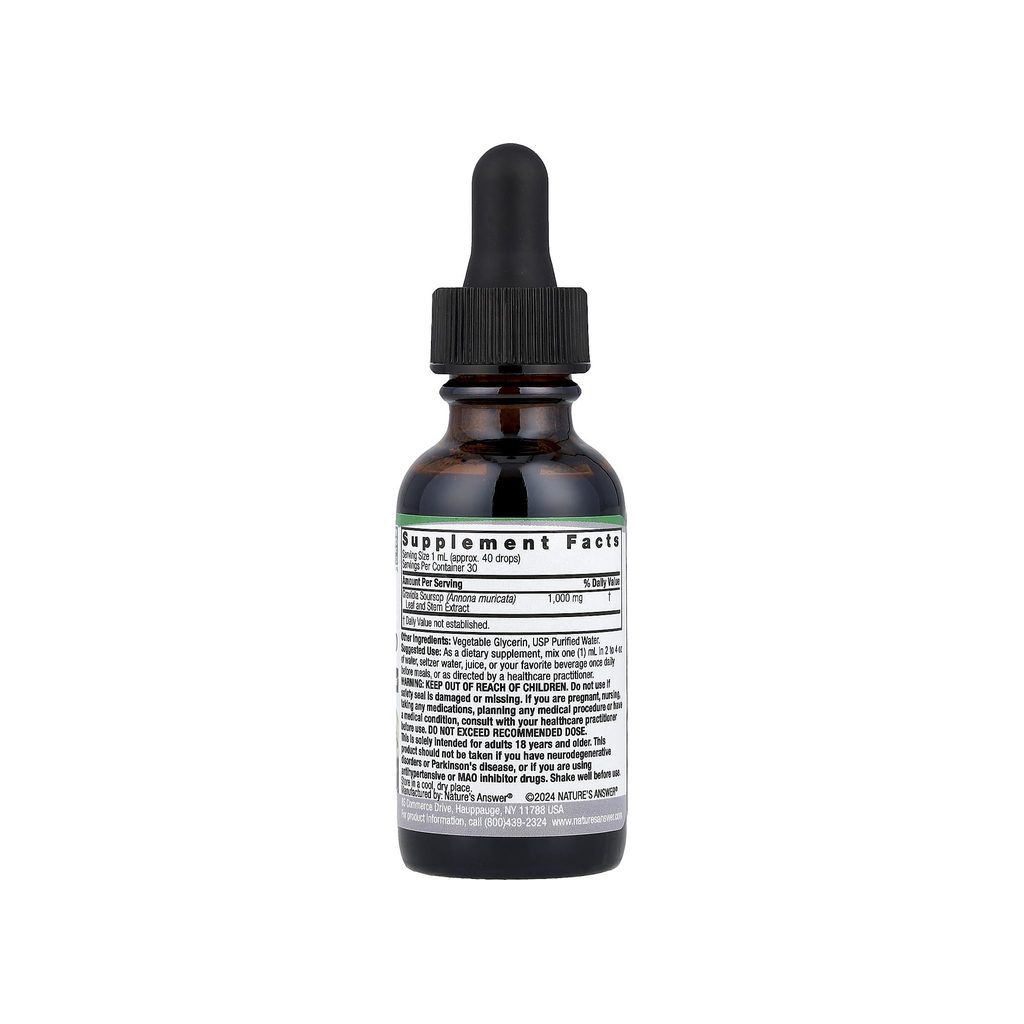 Nature's Answer Graviola Soursop Alcohol Free supplement facts panel listing ingredients and serving size