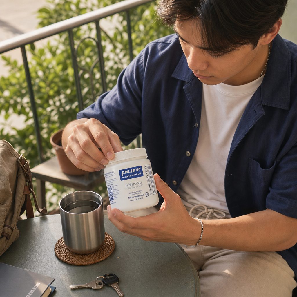 Pure Encapsulations D-Mannose Powder 50g bottle with white label and blue cap on a plain background