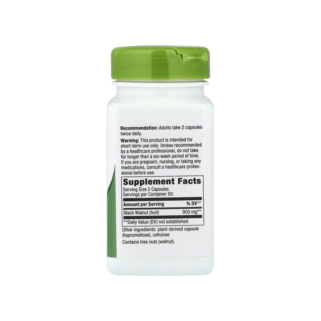 Nature's Way Black Walnut Hulls supplement facts panel listing ingredients, dosage, and serving size
