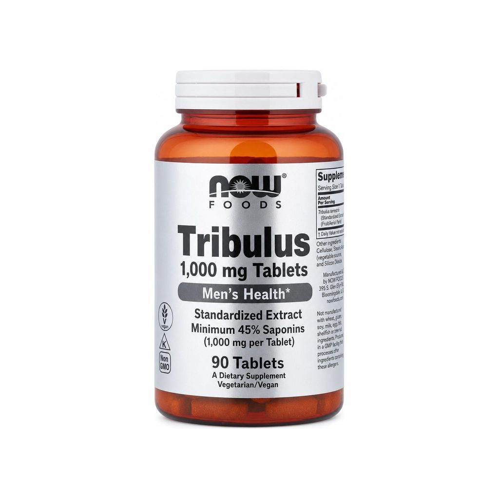 NOW Foods Tribulus 1000 mg 180 tablets front bottle with Vegan, Non-GMO, and Kosher K icons