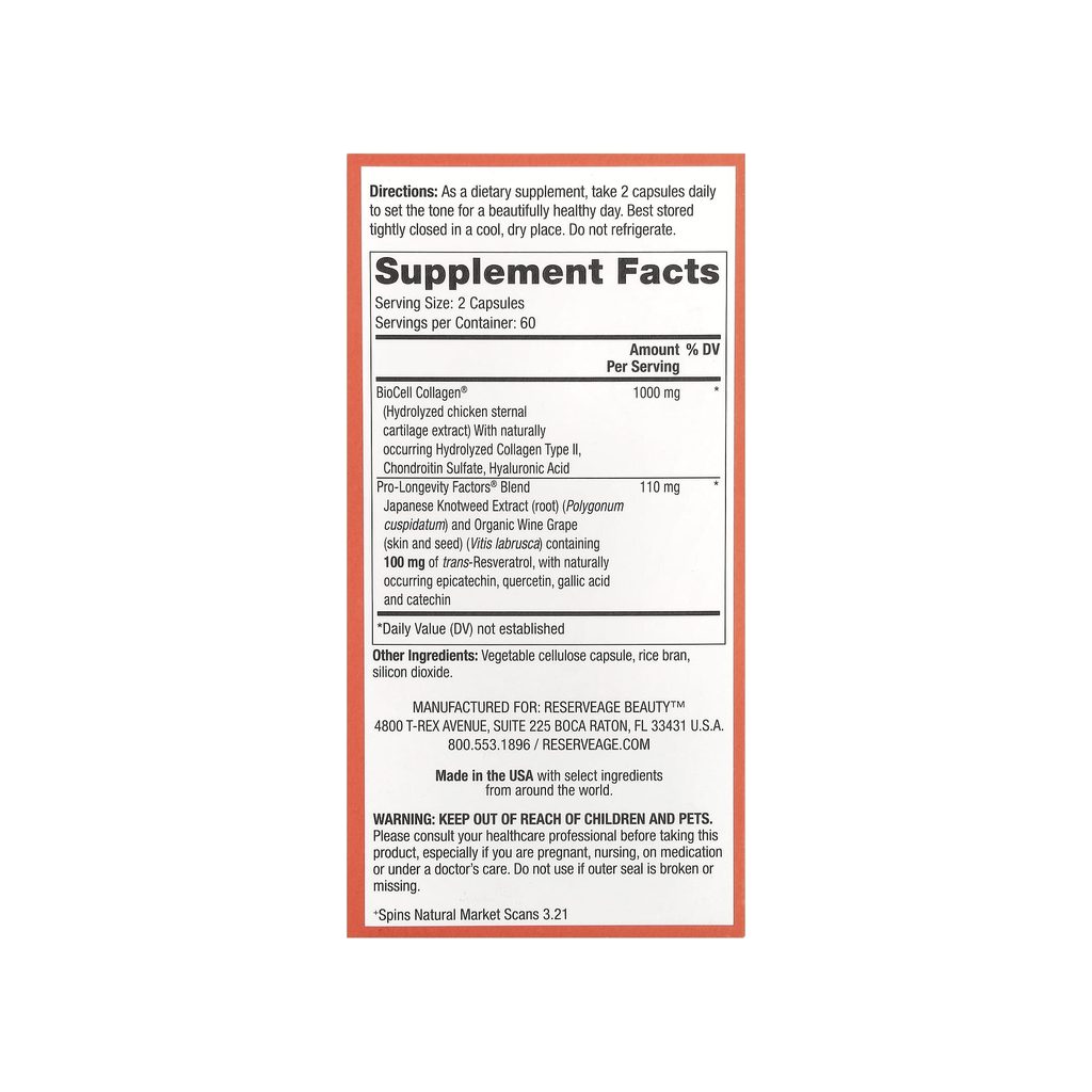 Reserveage Collagen Booster supplement facts panel listing ingredients, dosage, and serving size