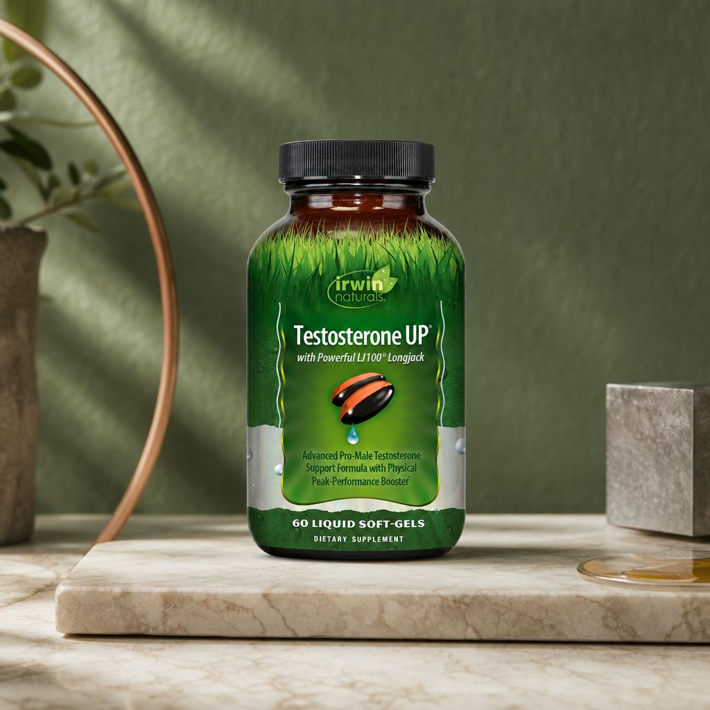 Irwin Naturals Testosterone UP bottle with liquid softgels arranged beside it