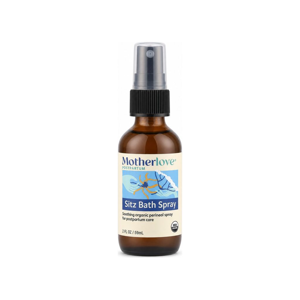 Motherlove Sitz Bath Spray 2 oz front bottle and box with organic postpartum perineal spray label