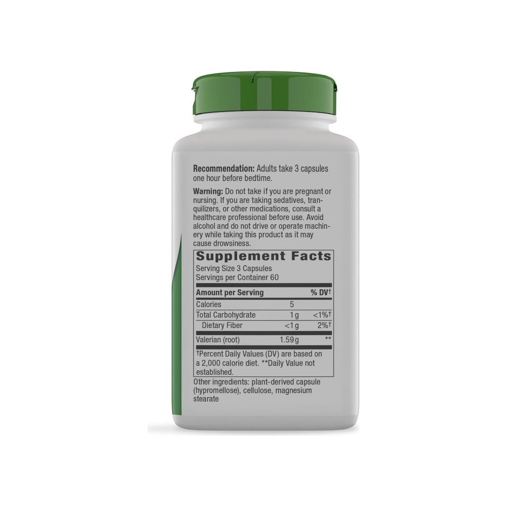 Nature's Way Valerian Root supplement facts panel listing ingredients, dosage, and serving size