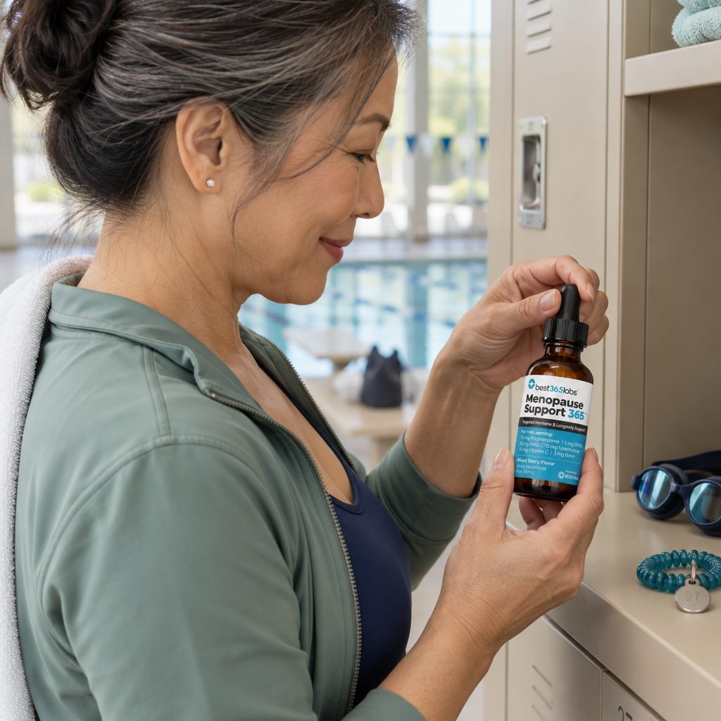 Best 365 Labs Menopause Support 365 dropper bottle held by a woman at a locker by an indoor pool