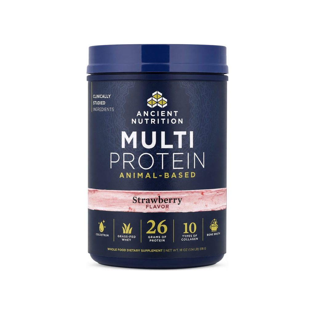 Ancient Nutrition Multi Protein Powder Strawberry 15-serving tub front label