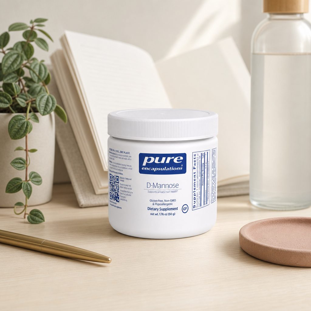 Pure Encapsulations D-Mannose Powder 50g bottle angled to show side label information