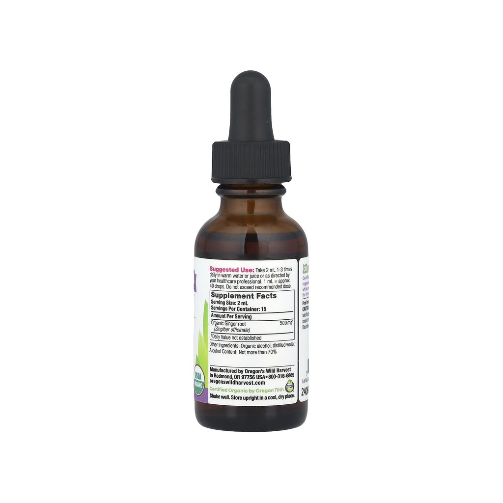 Oregon's Wild Harvest Ginger Root Extract supplement facts panel listing ingredients, dosage, and serving size