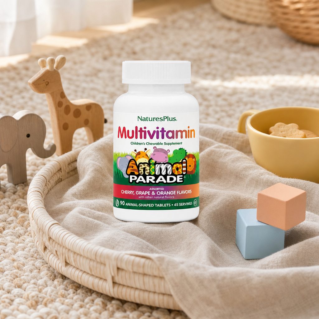 NaturesPlus Animal Parade Children's Chewable Multi animal-shaped tablets in assorted fruit flavors