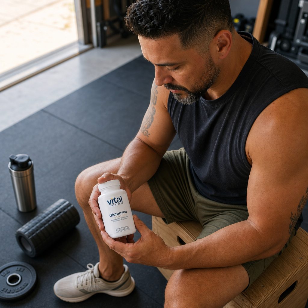 Vital Nutrients Glutamine 3400mg supplement bottle in a simple wellness routine scene