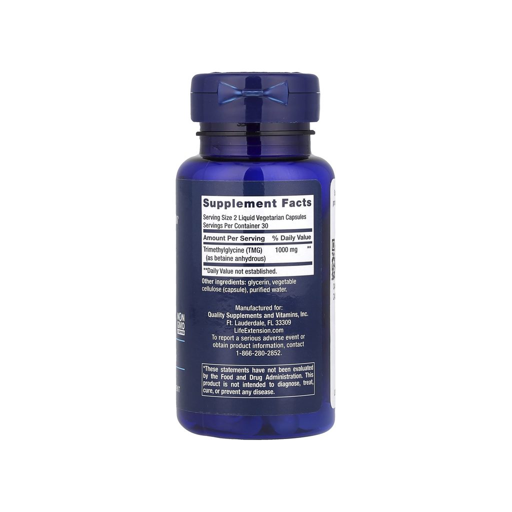 Life Extension TMG 500 mg supplement facts panel listing ingredients, dosage, and serving size