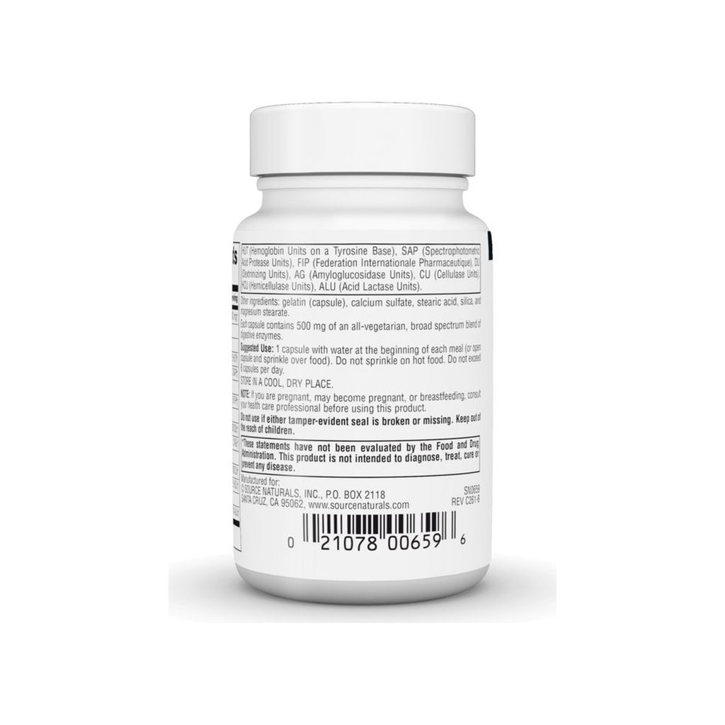 Source Naturals Daily Essential Enzymes supplement facts panel listing ingredients and serving size
