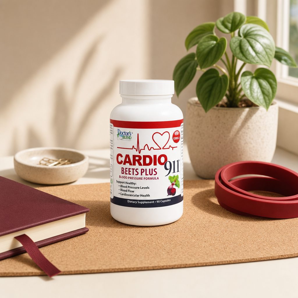 Doctor's Blend Cardio 911 Beets Plus bottle with beet root cardiovascular support graphics