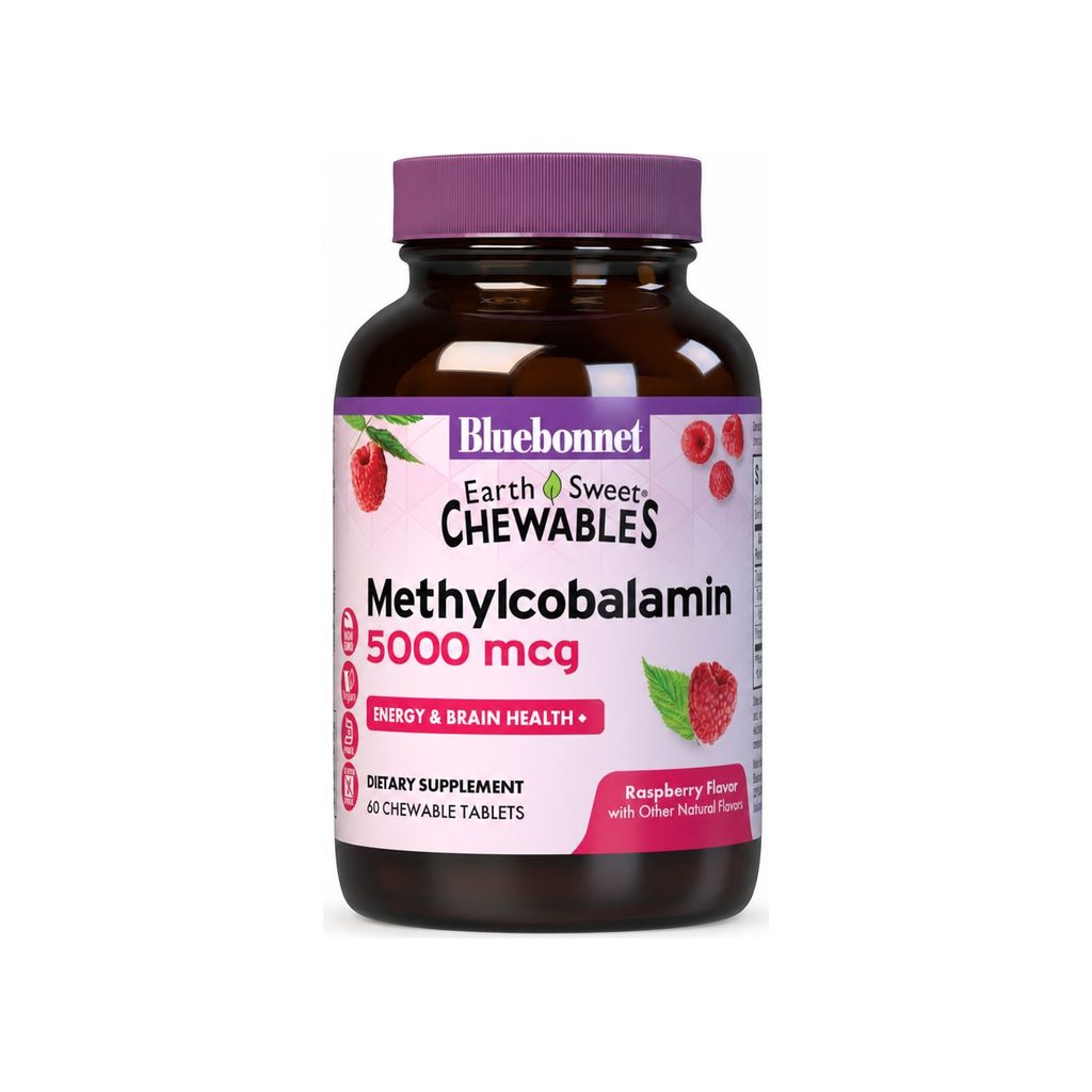 Bluebonnet EarthSweet Chewables Methylcobalamin 5000 mcg front bottle with raspberry label