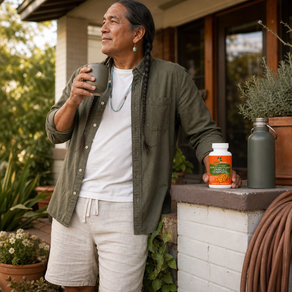 SeabuckWonders Omega-7 Complete bottle with softgels on a clean countertop