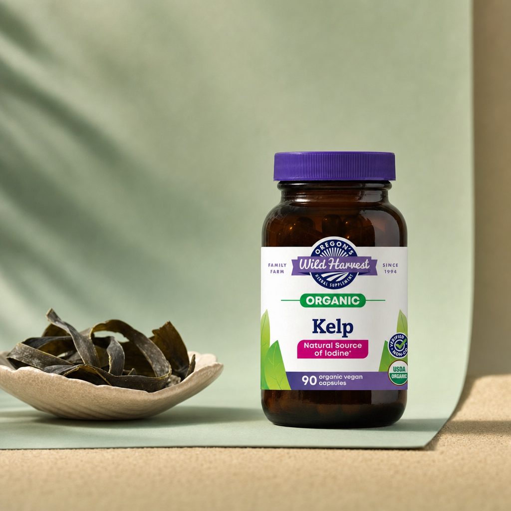 Oregon's Wild Harvest Kelp Capsules bottle side label with supplement facts
