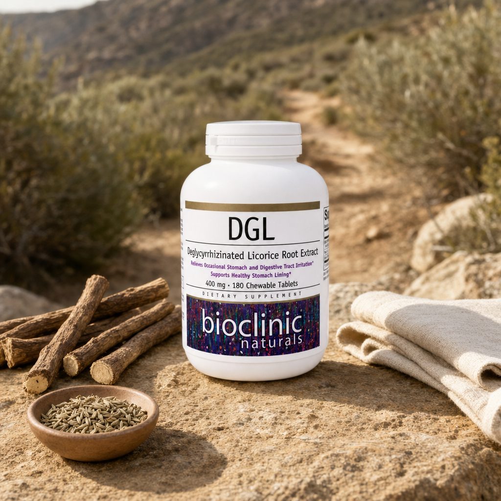 Bioclinic Naturals DGL Chewable Tablets bottle on kitchen counter before a meal