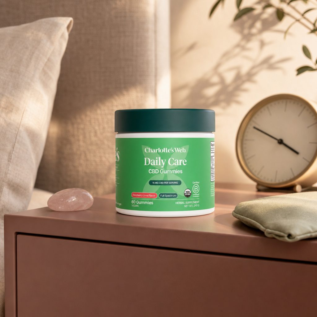 Charlotte's Web Daily Care CBD Gummies 15mg in a wellness lifestyle scene