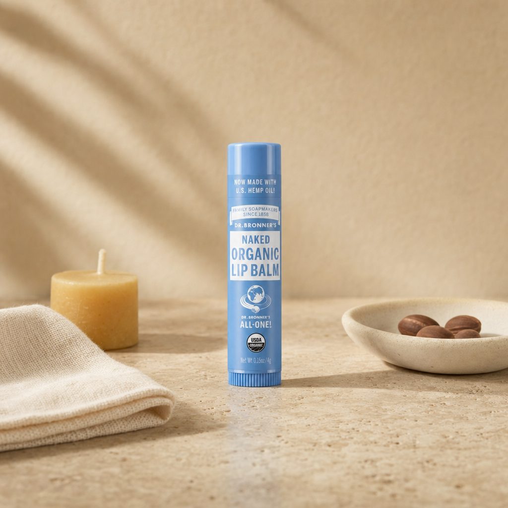 Dr. Bronner's Organic Lip Balm Naked tube with cap removed showing balm stick