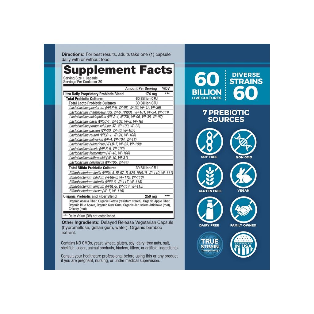 Vital Planet Vital Flora Ultra Daily Probiotic supplement facts panel with directions and ingredients