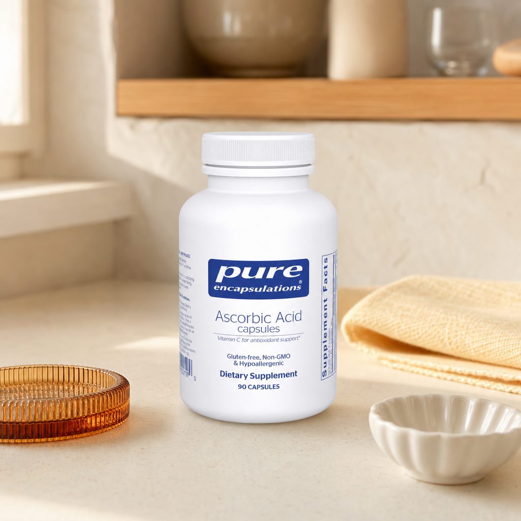 Pure Encapsulations Ascorbic Acid 90 capsules bottle with C supplement capsules