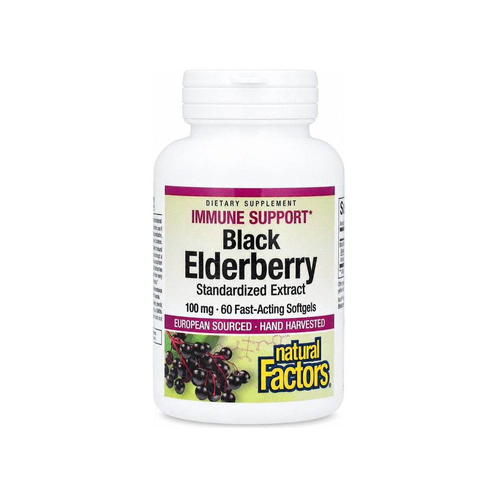 Natural Factors Black Elderberry Extract 100 mg front bottle with 60 fast-acting softgels