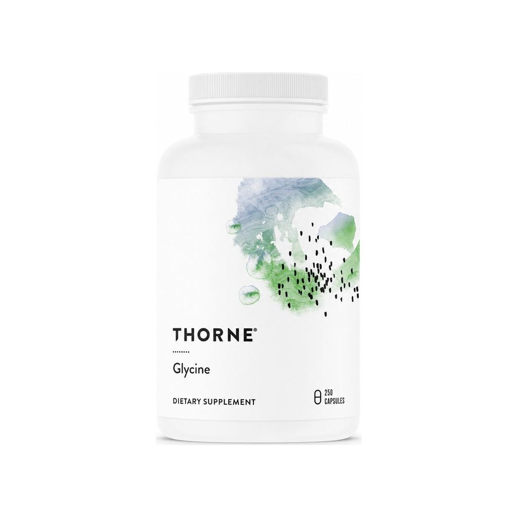 Thorne Research Glycine 250 Capsules front bottle with white label