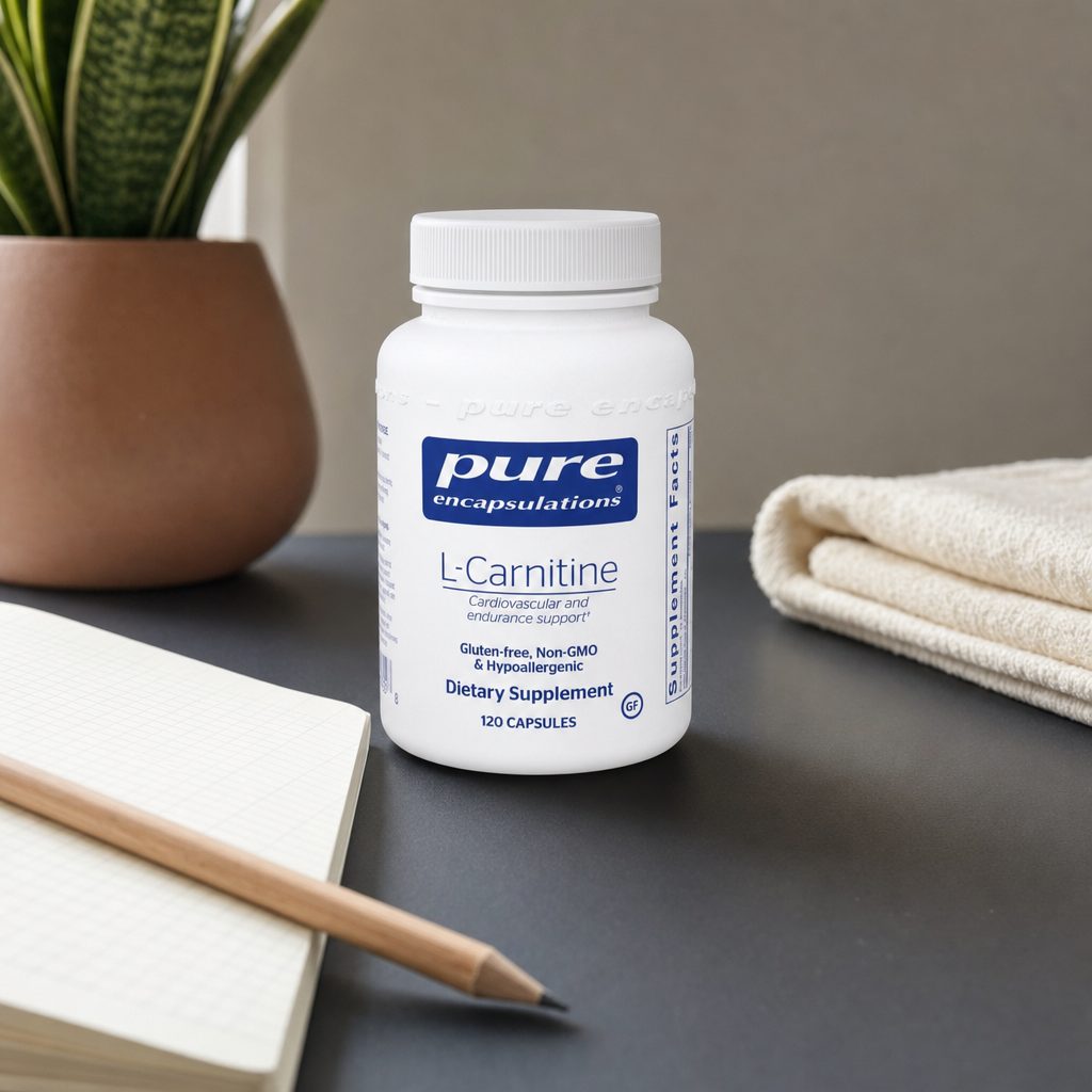 Pure Encapsulations L-Carnitine 120 capsules bottle beside fitness gear