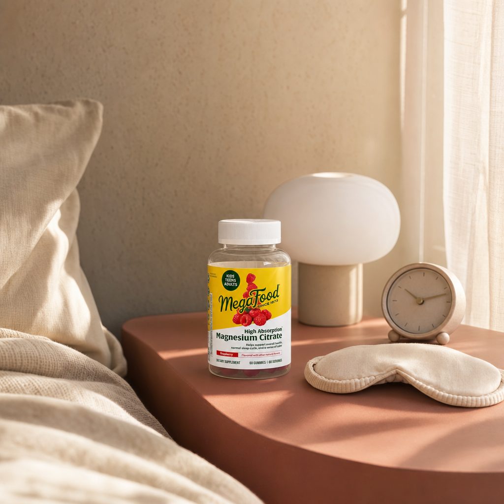 MegaFood High Absorption mineral chewables lifestyle scene with bottle and servings