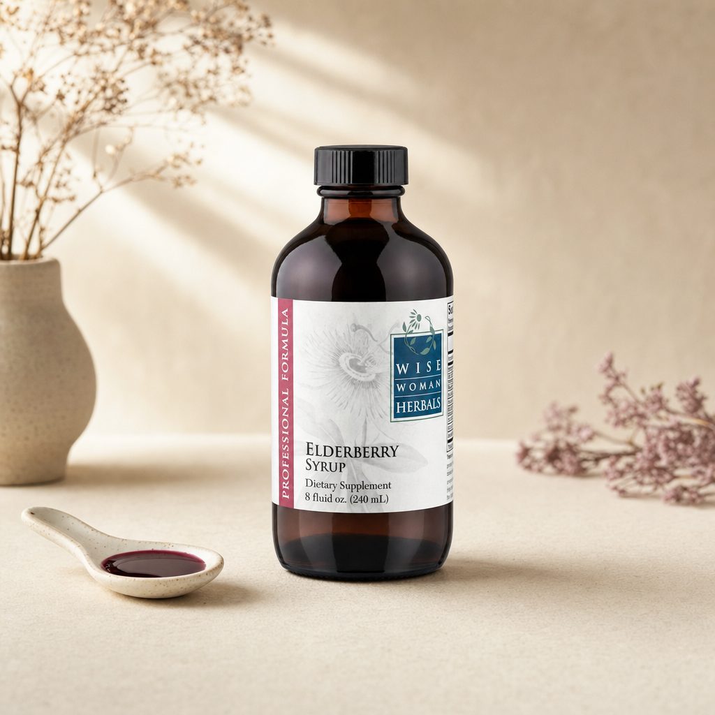 Wise Woman Herbals Elderberry Syrup 8 fl oz bottle with purple elderberry label