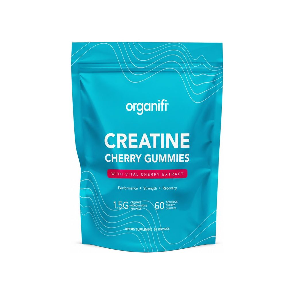 Organifi Creatine Chews Cherry 60 gummies front pouch with cherry flavor callout