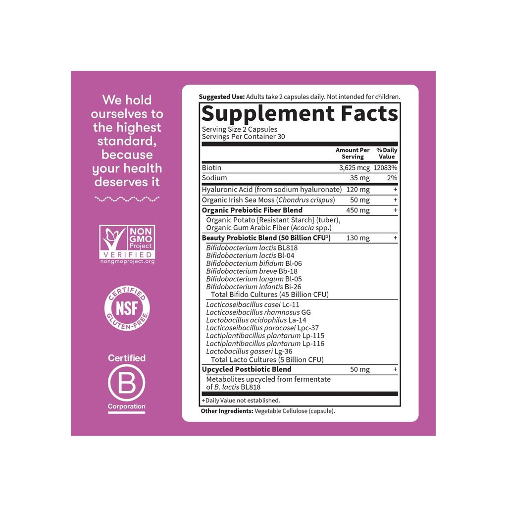 Garden of Life Dr. Formulated Probiotics Beauty supplement facts panel listing dosage and ingredients