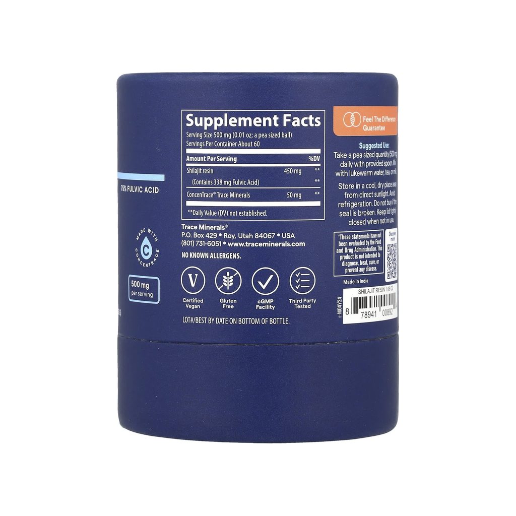 Trace Minerals Shilajit Resin supplement facts panel listing ingredients, dosage, and serving size