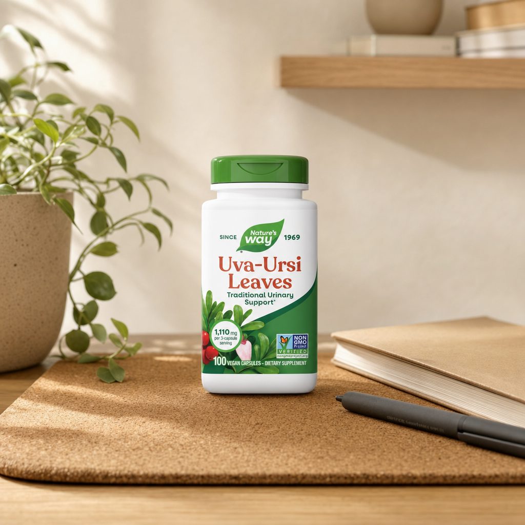 Nature's Way Uva Ursi Leaves bottle with capsules in a simple wellness scene