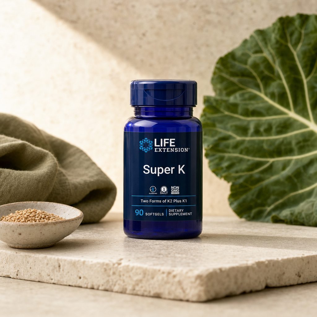 Life Extension Super K 90 softgels bottle on a kitchen counter for a daily supplement routine